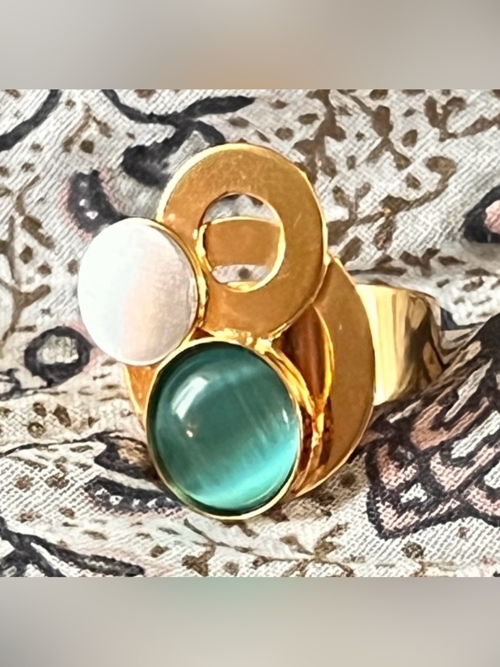 Christophe Poly Handmade Modernist Ring Teal Cat's Eye Size 5 NWOT